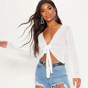 PrettyLittleThing white sheer cropped tie front top size 6